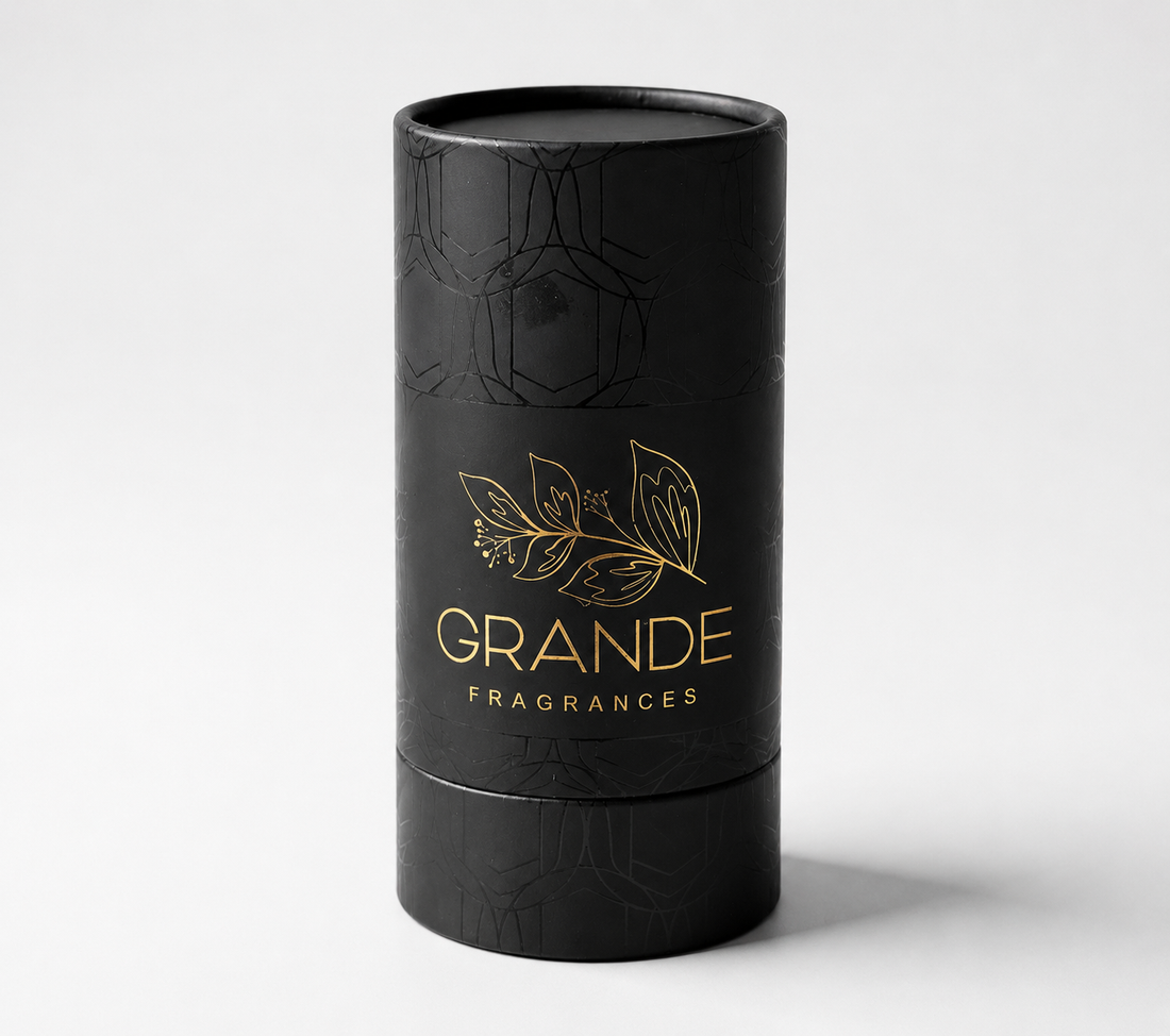 Black cylindrical perfume bottle packaging with 'Grande Fragrances' branding on a light gray background